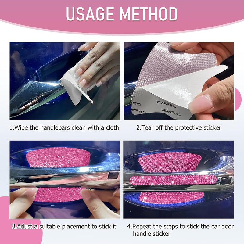 Mosso 10 PCS Bling Car Door Handle Protector, Shiny Crystal Rhinestone Anti-Scratch Glitter Universal Cars Door Handle Protective Cover, Pink Car Accessories for Women (Pink) - Image 4